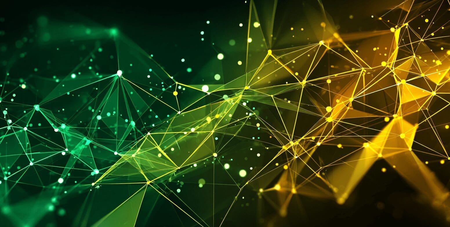 Abstract digital network of connected yellow and green nodes on dark background.