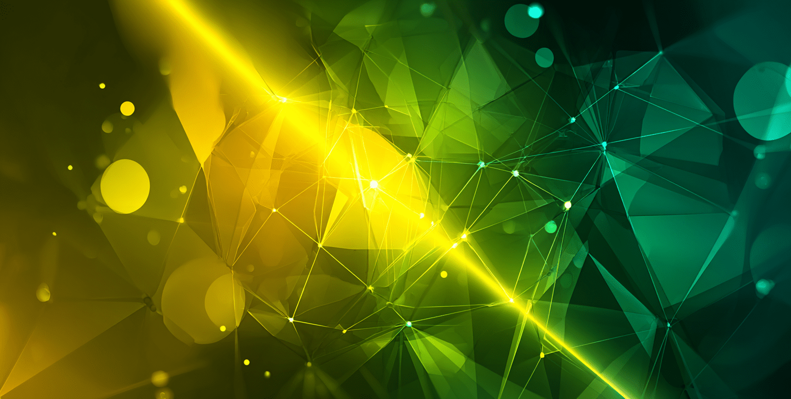 Abstract digital network visualization with green and yellow polygonal shapes and connecting lines.