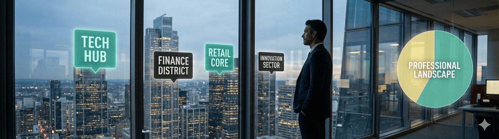 A professional standing at a high-rise office window overlooking a city skyline, viewing augmented reality tags for different industry sectors and a "Professional Landscape" pie chart generated by Digital Rugby data.