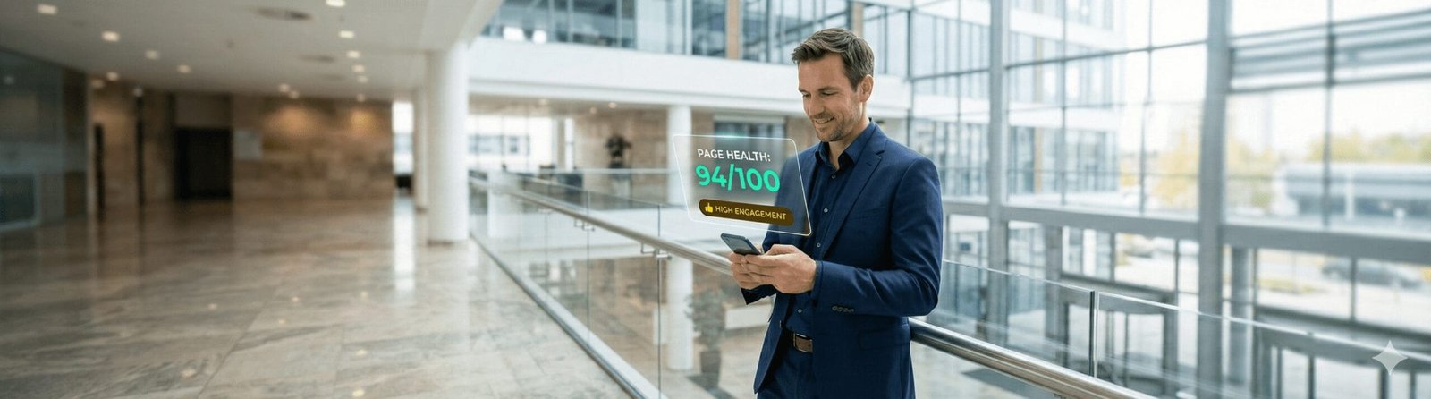 A male executive in a modern corporate glass atrium checking his smartphone, which displays an augmented reality Digital Rugby summary card showing a "Page Health" score of 94/100 in teal green and a "High Engagement" indicator in yellow.
