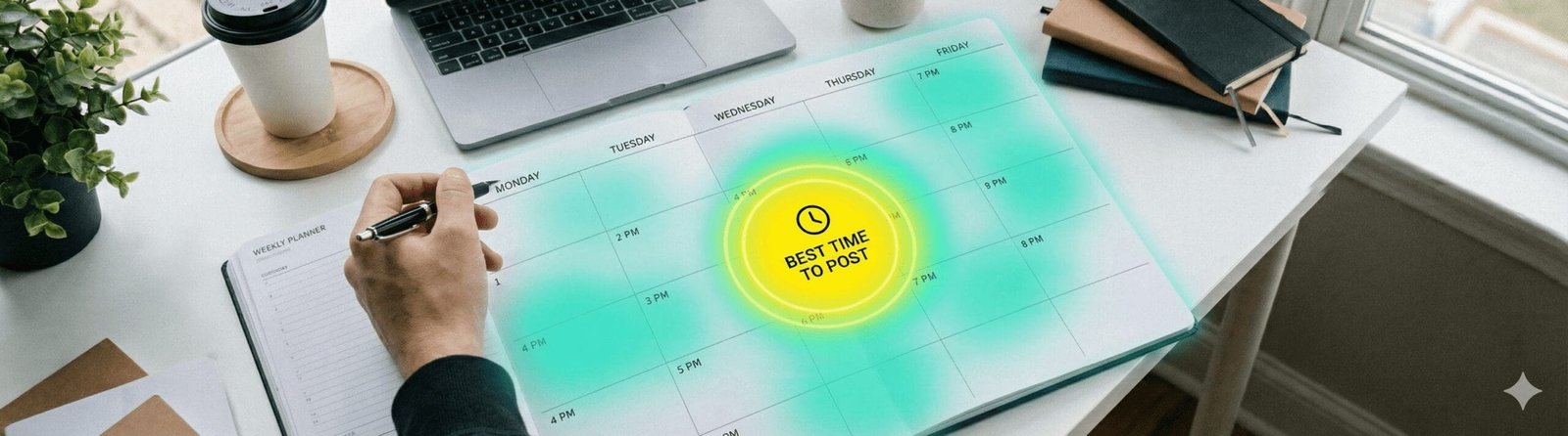 High-angle shot of a hand with a pen hovering over a physical planner, overlaid with a Digital Rugby AR heat map highlighting Wednesday at 6 PM as the yellow "Best Time To Post."