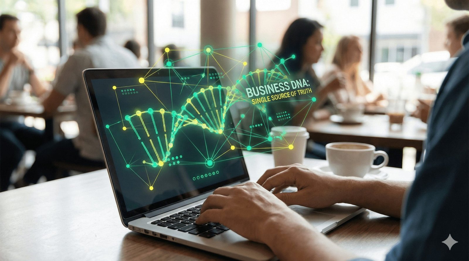 A close-up view of a person's hands typing on a laptop keyboard. Rising from the screen is a glowing, green and yellow 3D augmented reality helix structure labeled 