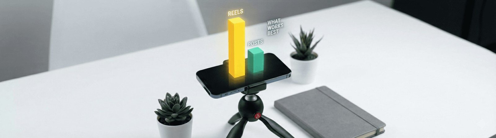 A close-up of a smartphone on a tripod with a Digital Rugby augmented reality bar chart comparing the high performance of "Reels" (yellow) against "Posts" (green).