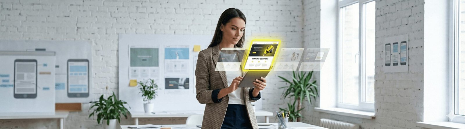 A female content strategist in a modern office using a tablet, where a Digital Rugby augmented reality overlay highlights a specific "winning content" card in vibrant yellow.