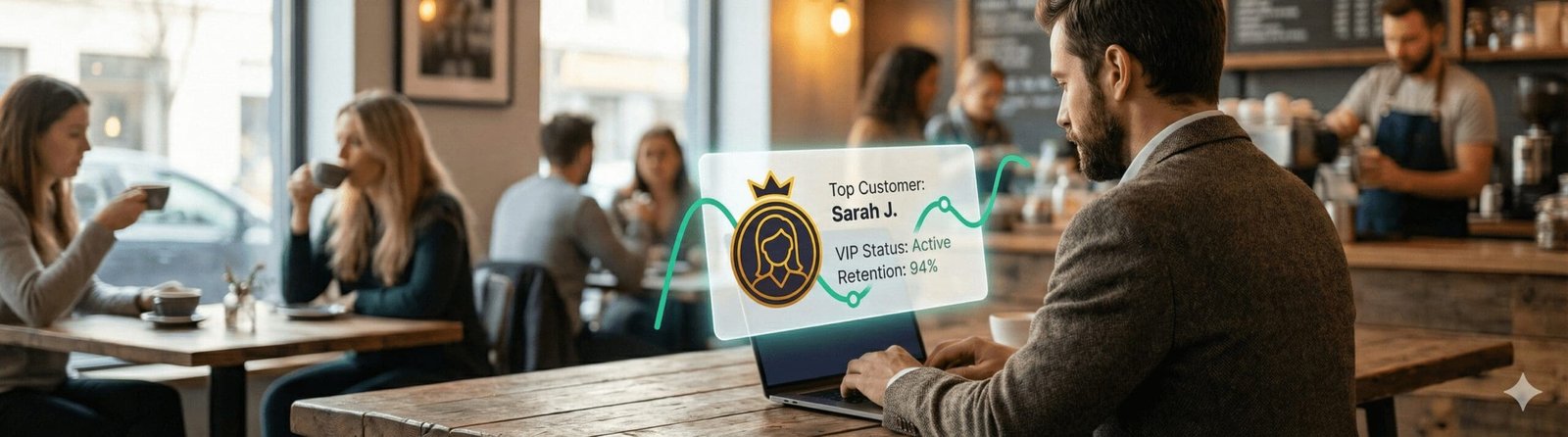 A professional man in a coffee shop viewing an augmented reality "Top Customer" profile card for Sarah J on his laptop, visualized by Digital Rugby analytics.