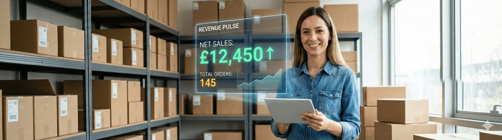 Small business owner in a stockroom holding a tablet that displays the holographic Digital Rugby "Revenue Pulse" dashboard showing net sales and total orders.