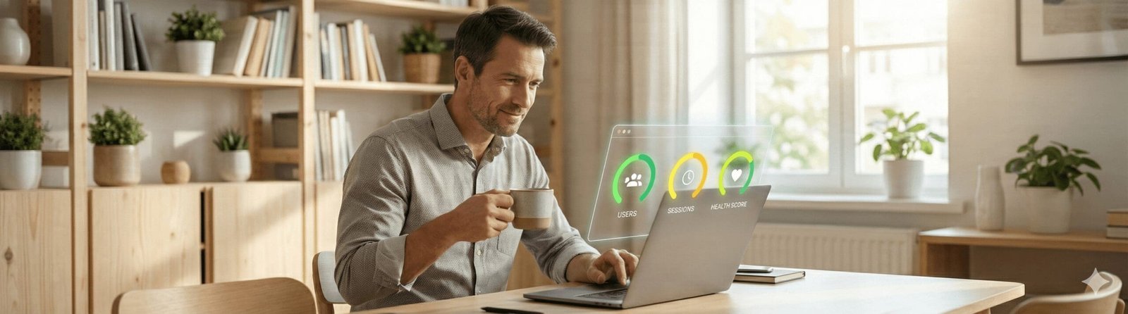 A professional man in a sunlit home office drinking coffee while reviewing a holographic Digital Rugby AR dashboard above his laptop, showing metrics for Users, Sessions, and Health Score.