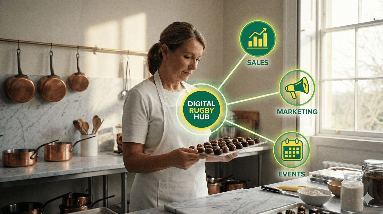 a chocolatier, holds a tray of chocolates in her kitchen. Superimposed around her is an augmented reality 