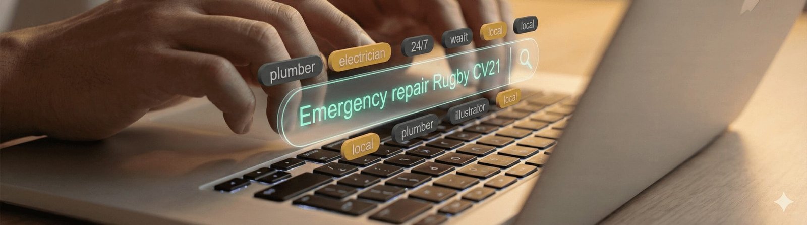 Close-up of hands typing on a laptop with a holographic search bar overlay showing specific local repair keywords tracked by Digital Rugby.