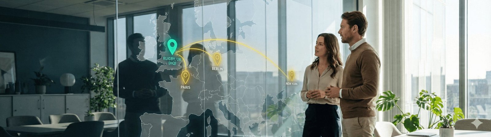 Two professionals in a modern office discussing an augmented reality map projected on glass, showing Digital Rugby's HQ connected to international hubs in Paris, Berlin, and New York.