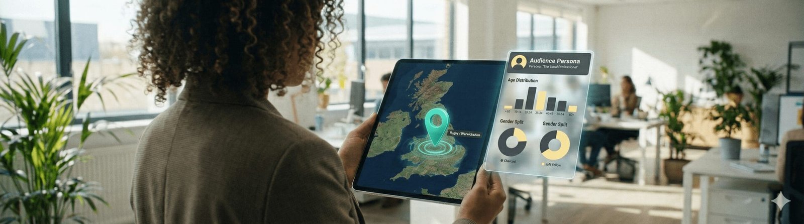 Over-the-shoulder view of a strategist holding a tablet displaying a Digital Rugby AR map with a geo-pin on Rugby and a holographic audience persona dashboard showing age and gender charts.