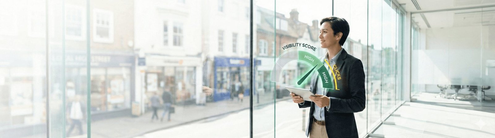 A business professional standing by an office window, holding a tablet displaying a holographic Digital Rugby gauge showing high local visibility and clicks.