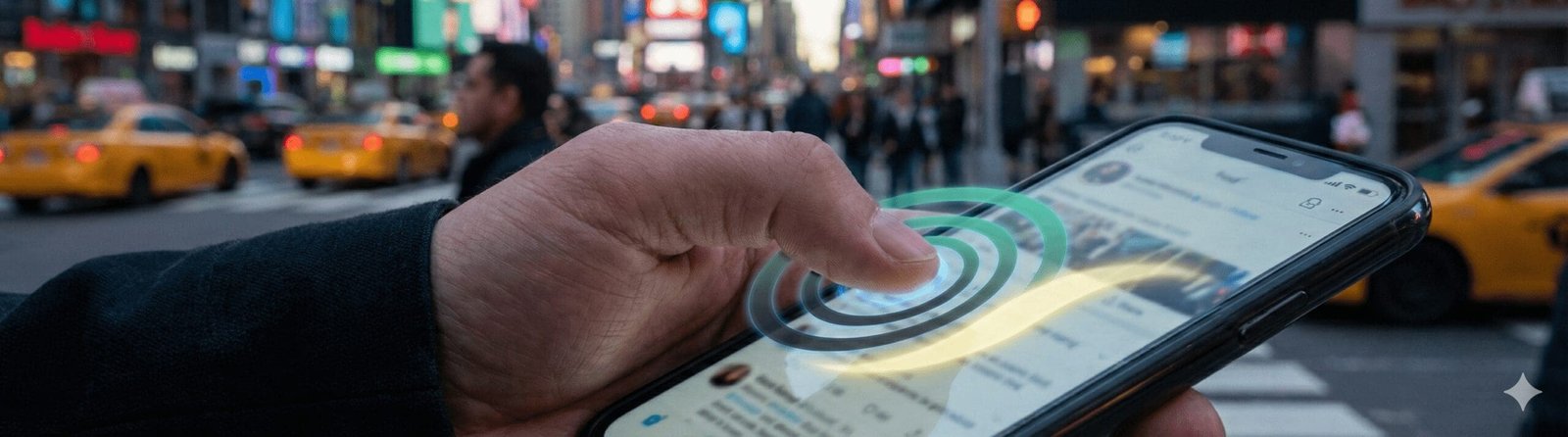 A macro close-up of a thumb scrolling on a smartphone screen, with subtle digital ripples and a yellow path visualizing user interaction data tracked by Digital Rugby.