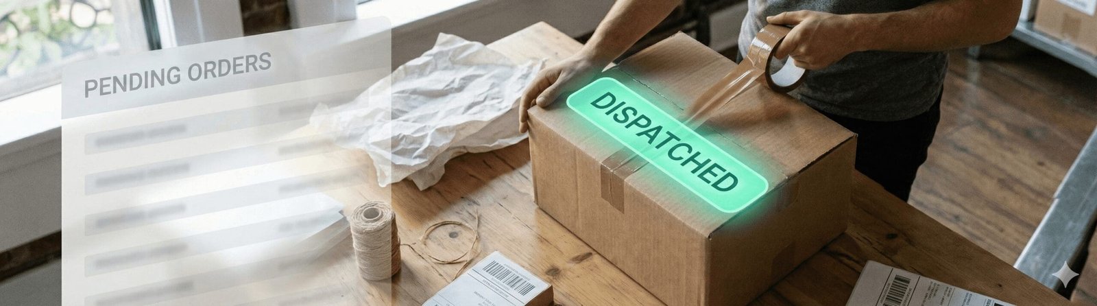 High-angle view of hands sealing a shipping box, overlaid with a glowing teal green "DISPATCHED" augmented reality status provided by Digital Rugby's system.