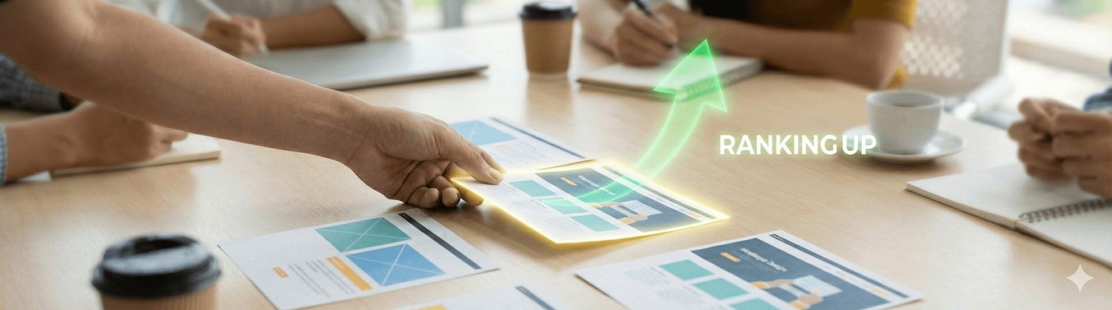 Top-down view of a creative team meeting using physical web cards, where a glowing green AR "RANKING UP" arrow from Digital Rugby indicates a successful page optimization.
