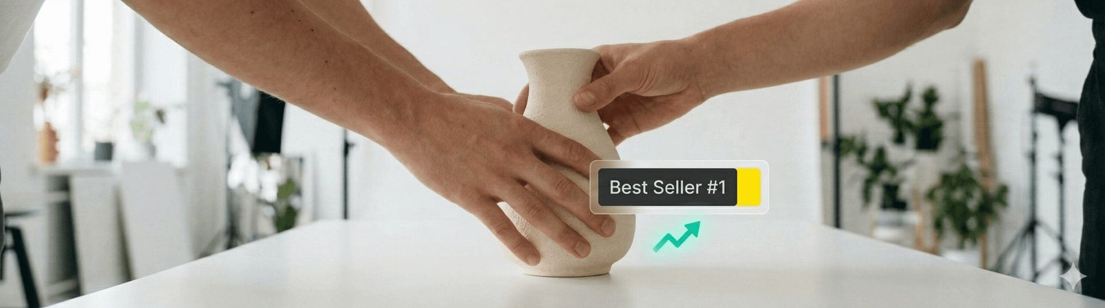 Close-up of hands placing a ceramic vase onto a surface, accompanied by a Digital Rugby augmented reality label indicating it is a "Best Seller #1" with a rising trend arrow.