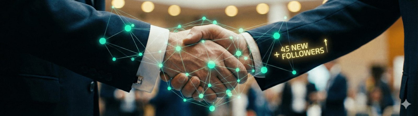 A cinematic close-up of two business professionals shaking hands, overlaid with a glowing teal green digital network web and a yellow counter indicating "+ 45 NEW FOLLOWERS," visualized by Digital Rugby analytics.
