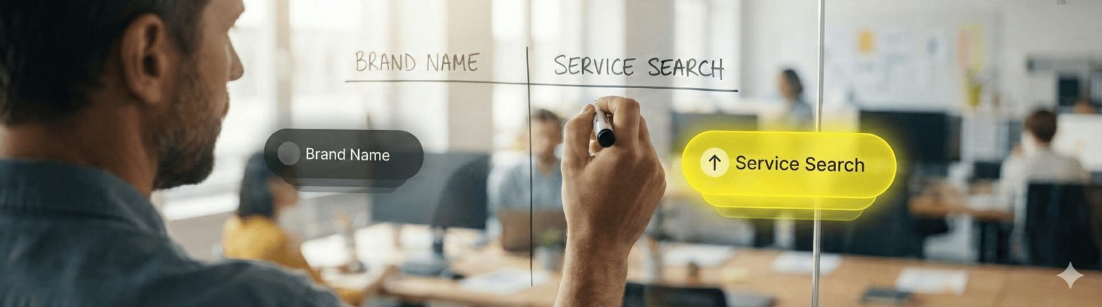 Over-the-shoulder view of a business owner sketching on a glass wall, with Digital Rugby AR bubbles highlighting a pulsing "Service Search" opportunity over "Brand Name."