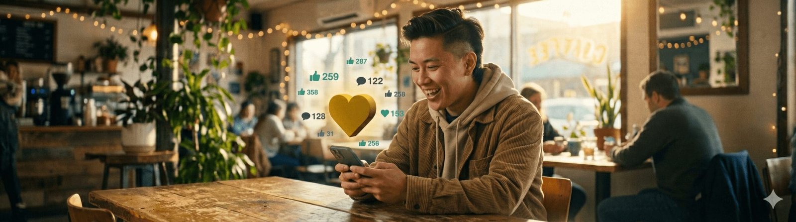 A smiling man in a coffee shop viewing his smartphone, which displays a large glowing yellow heart icon and green engagement metric numbers visualized by Digital Rugby AR.
