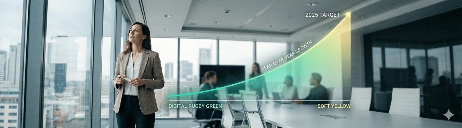 A strategy professional in a modern boardroom looking up at a sweeping augmented reality growth curve projected by Digital Rugby, showing year-over-year targets.