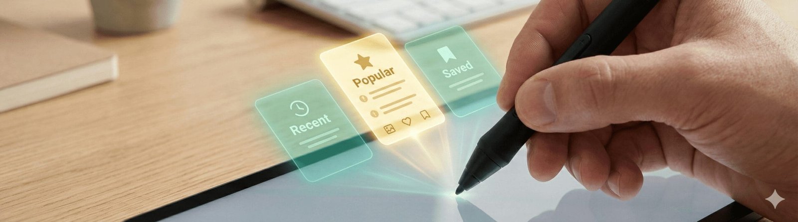 Close-up view of a hand using a digital stylus on a tablet to interact with floating holographic content cards for Digital Rugby interface.