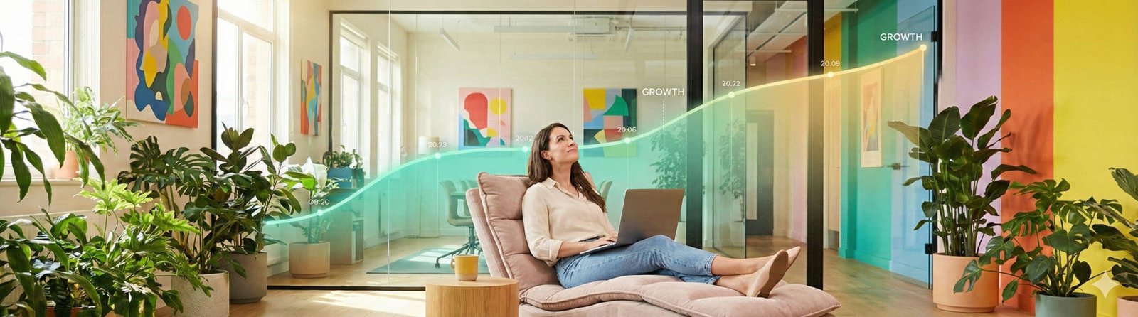 A relaxed female professional sitting in a modern lounge area, looking up at a large-scale augmented reality growth timeline curve spanning the room, representing Digital Rugby data.