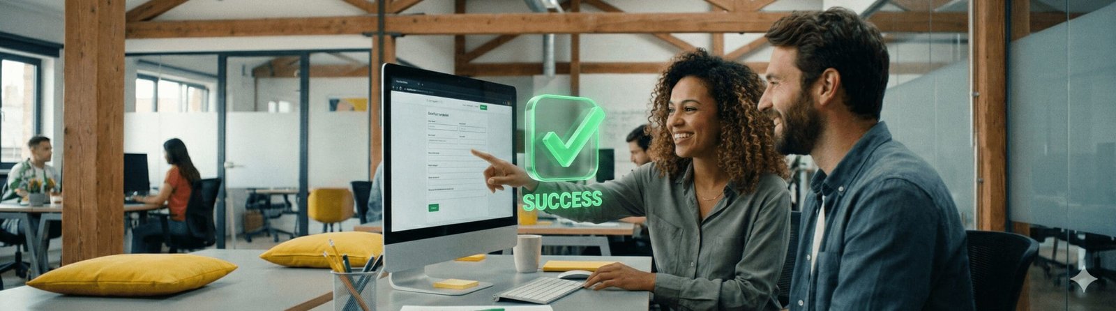 Two colleagues at a desk in the Digital Rugby office smiling and pointing at a monitor displaying a large, green 3D "Success" checkmark icon.
