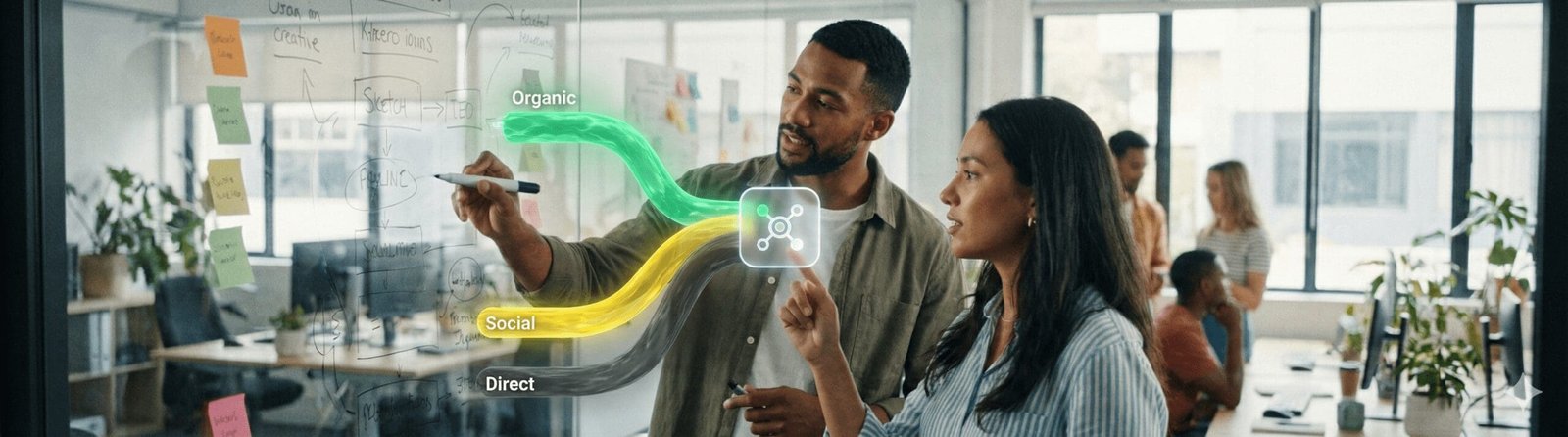 Two colleagues at the Digital Rugby office collaborating at a glass whiteboard, analyzing augmented reality visualizations of organic, social, and direct traffic streams.