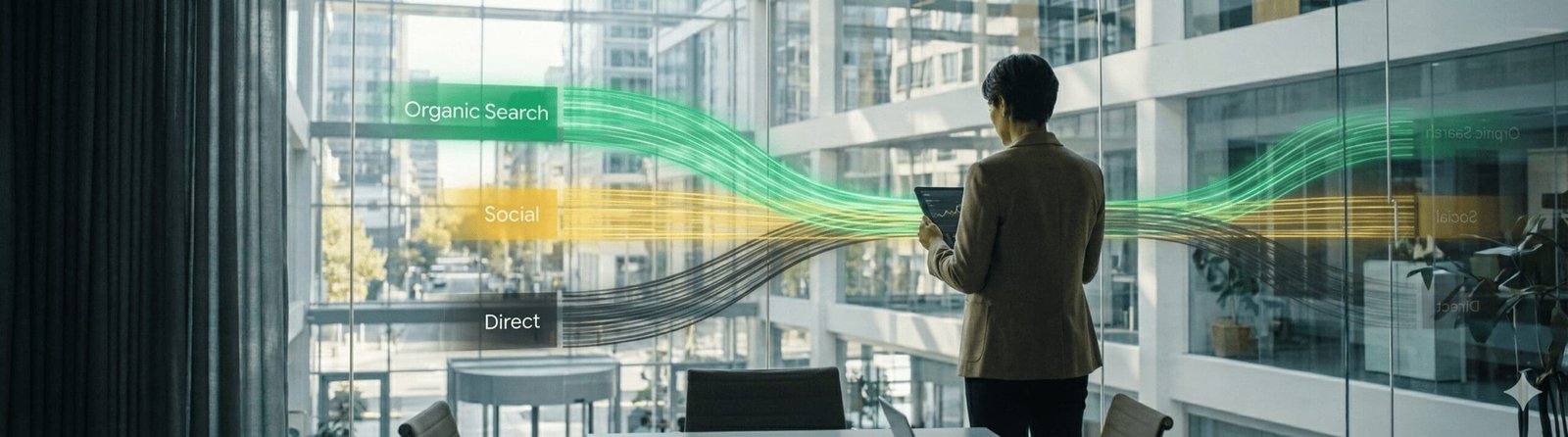 A professional standing at a window overlooking a city, viewing augmented reality data streams representing Organic, Social, and Direct traffic flowing into her Digital Rugby tablet dashboard.