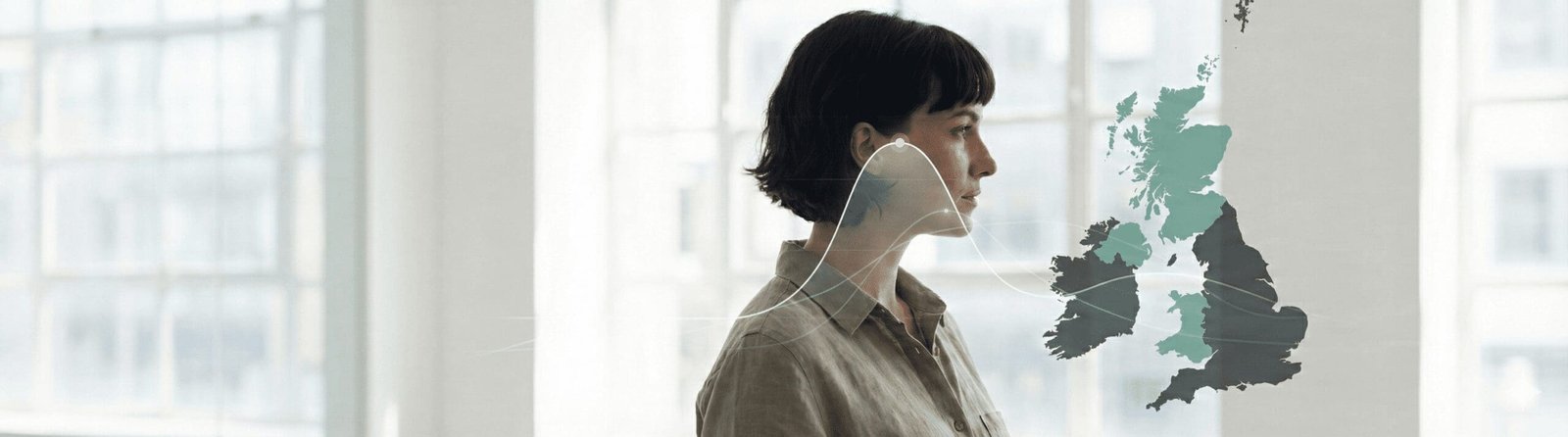 Double-exposure portrait of a female creative director blended with a Digital Rugby data map of the UK and an upward-trending timeline curve.