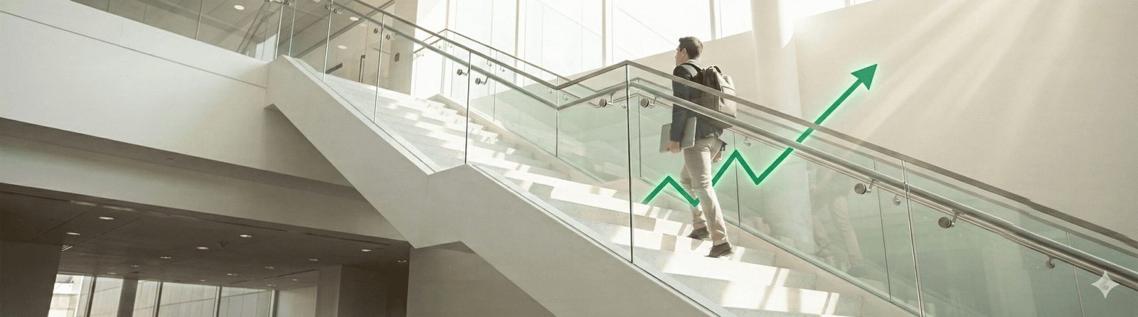 A business professional walking up a sunlit modern staircase alongside a glowing green augmented reality upward trend arrow representing Digital Rugby growth.