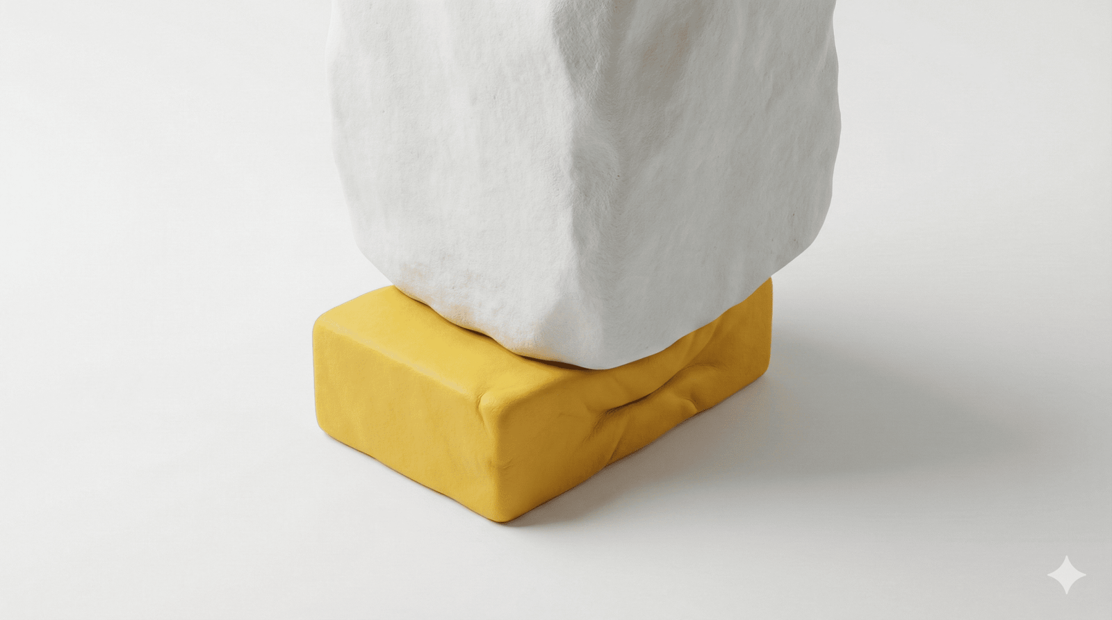 Abstract 3D digital assets showing a white stone-like shape balanced on a yellow clay block against a white background.