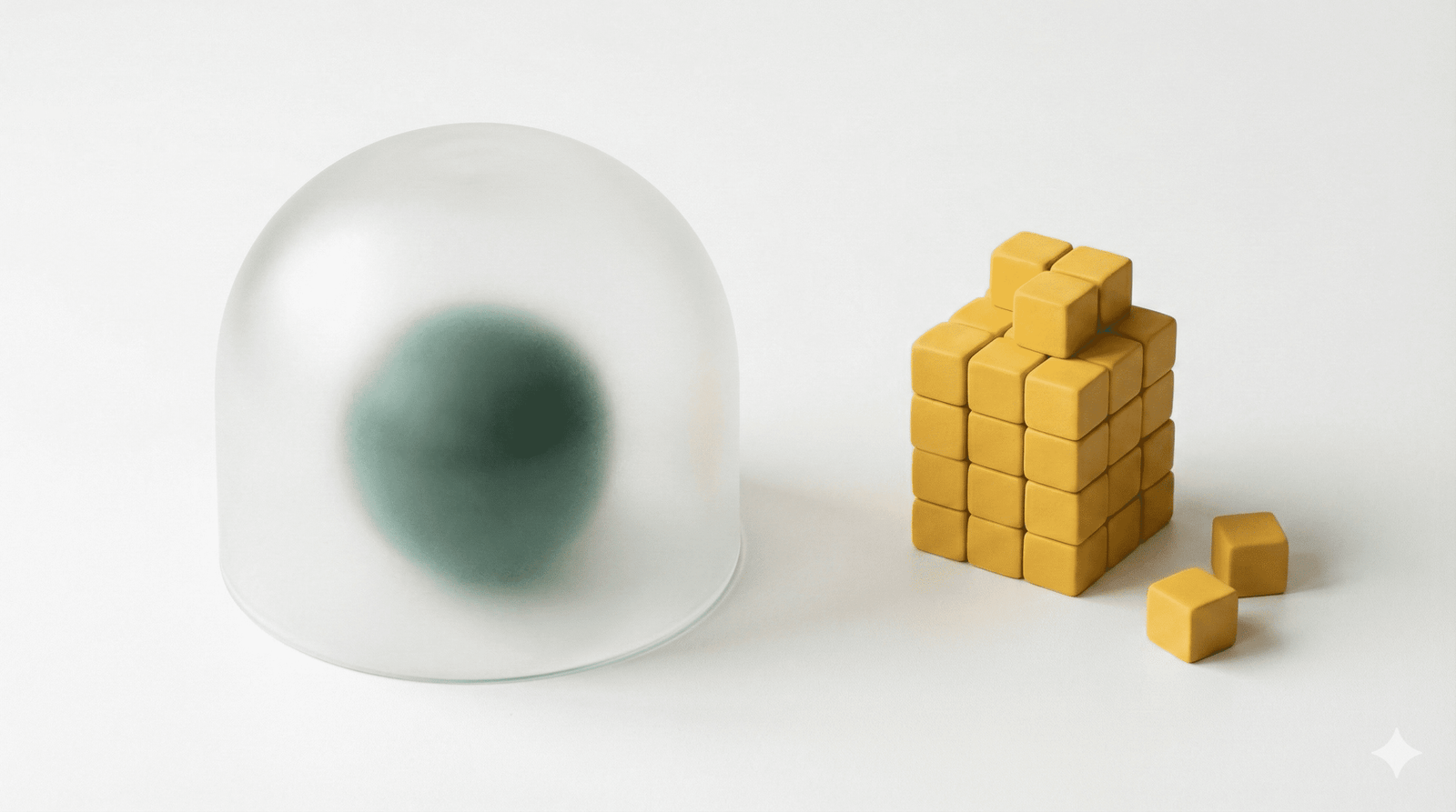 A green digital asset sphere under a frosted glass dome next to a stack of yellow modular clay blocks.