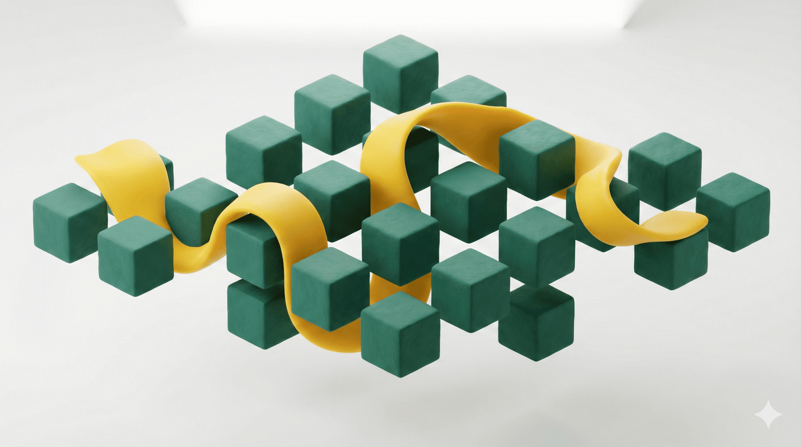 Green digital asset blocks woven with yellow ribbons representing seamless AI agent integration and virtual staff capacity.
