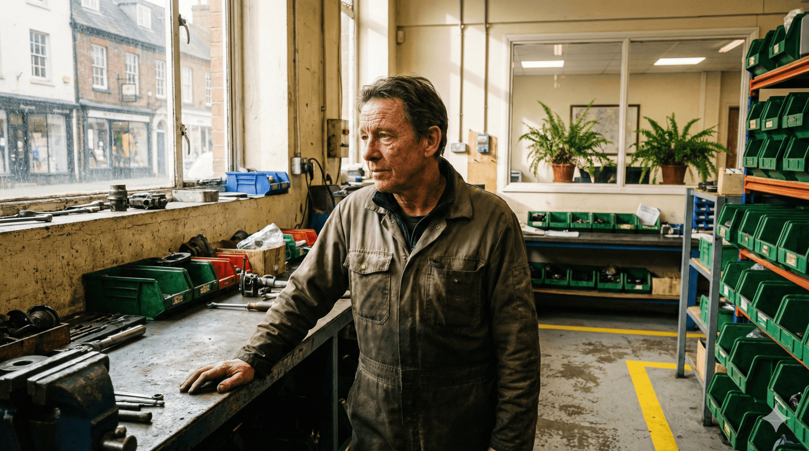 A local workshop owner in Rugby looking out of a window, symbolising the capacity trap and business overwhelm.