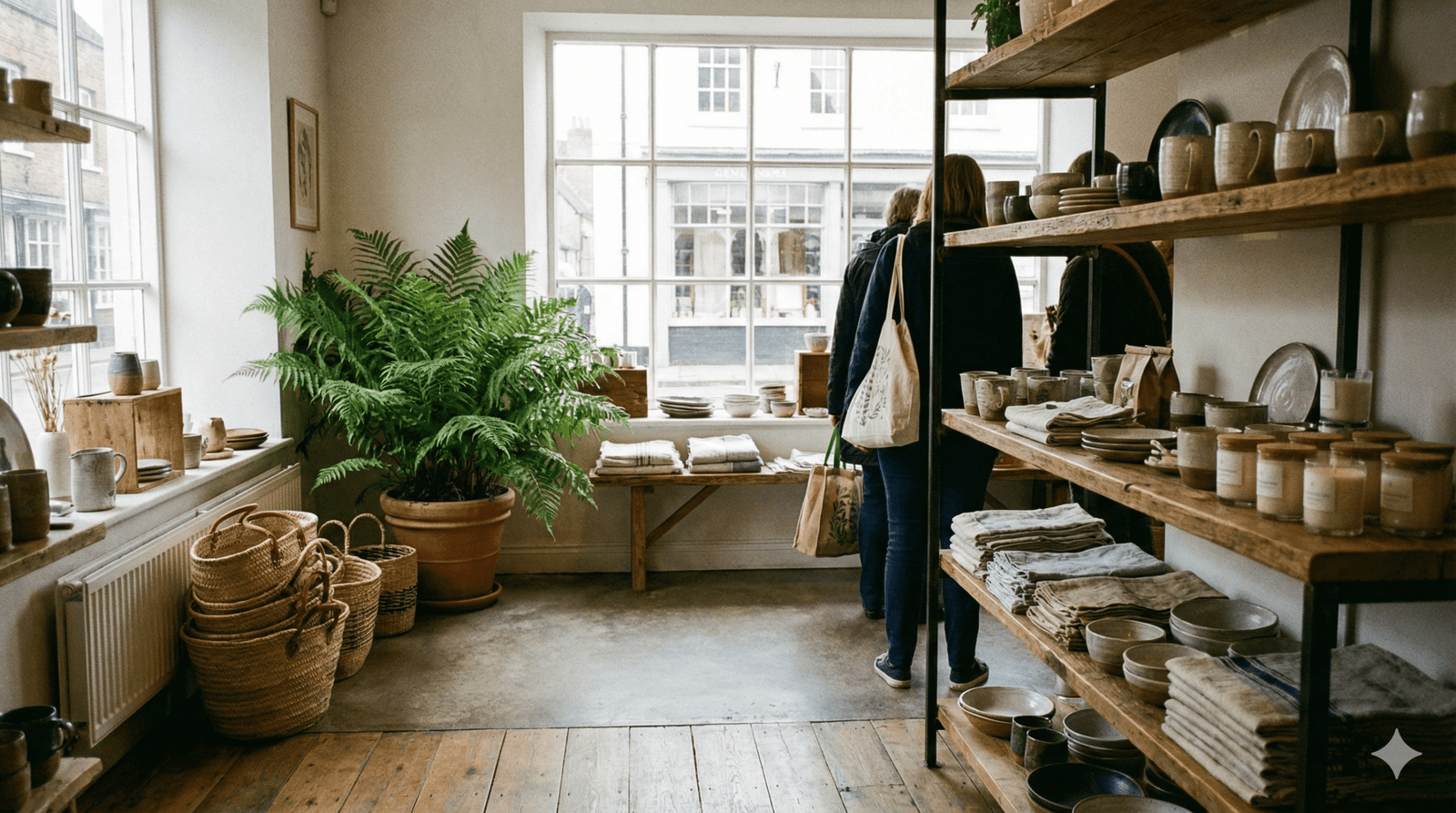A well-organised local shop interior with customers, representing a business owner using Digital Rugby AI.