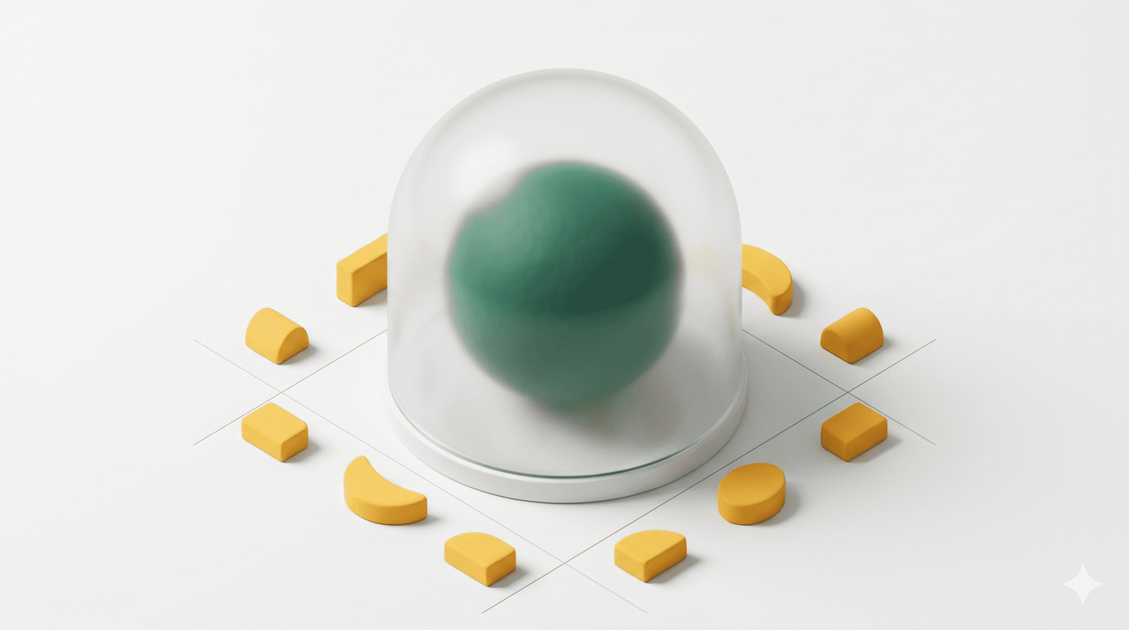 Green AI agent sphere inside a glass dome surrounded by yellow digital assets, representing strategic capacity.