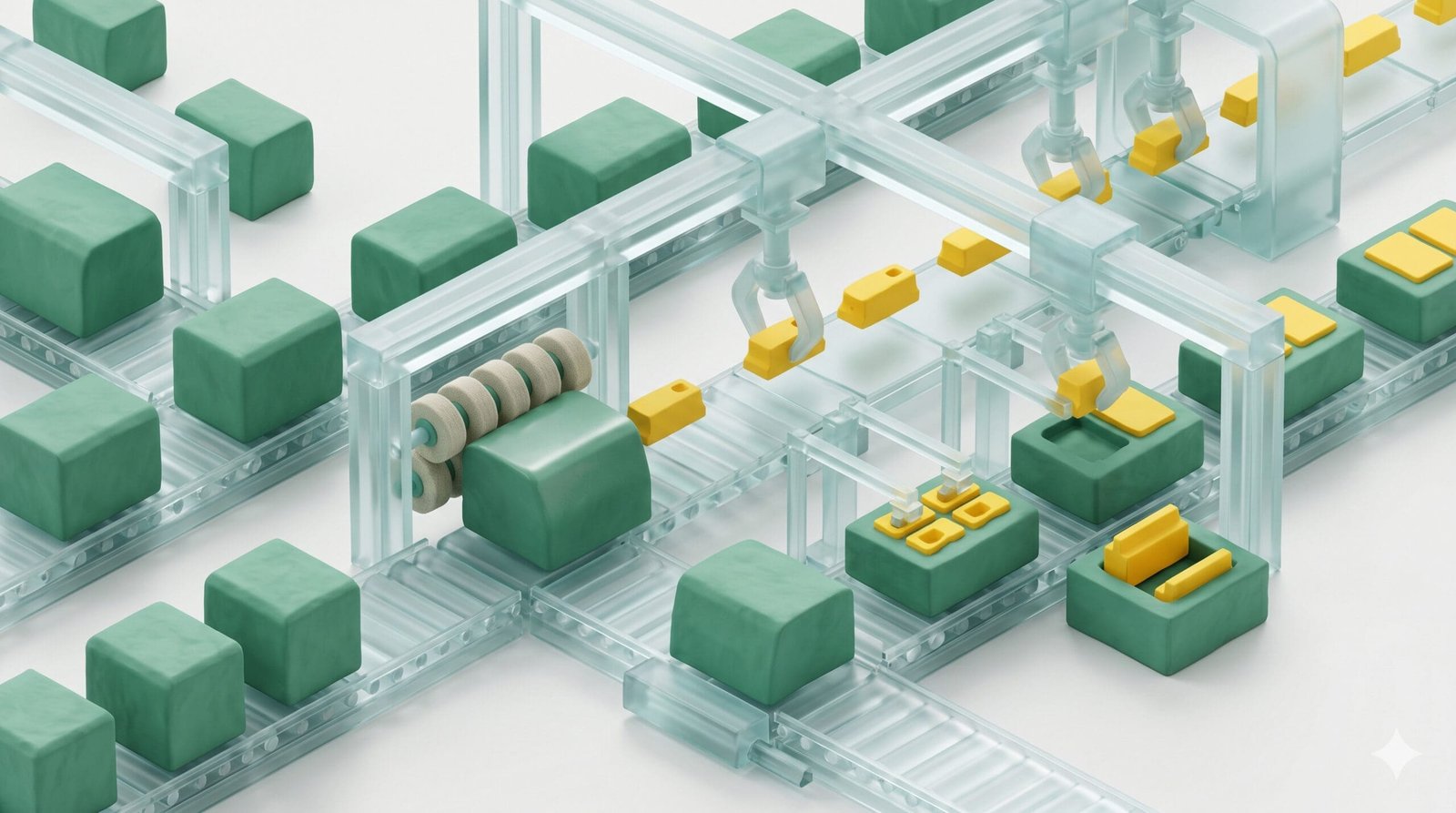 Glass assembly line processing green and yellow AI assets, representing Digital Rugby automated virtual staff workflows.
