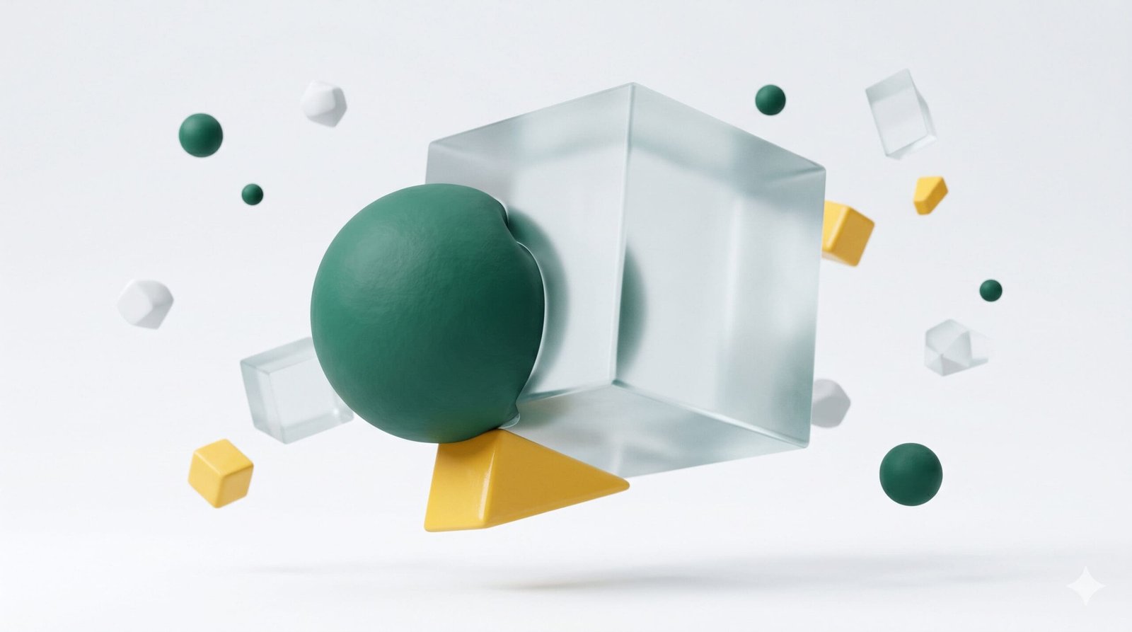 Green sphere and frosted glass cube digital assets representing modular AI agents and strategic capacity.