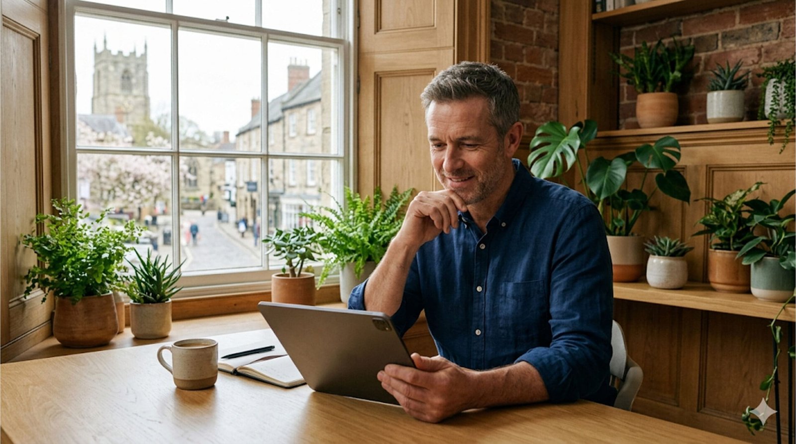 Smiling business owner in Rugby using a tablet, experiencing the relief of AI agent strategic capacity solutions.