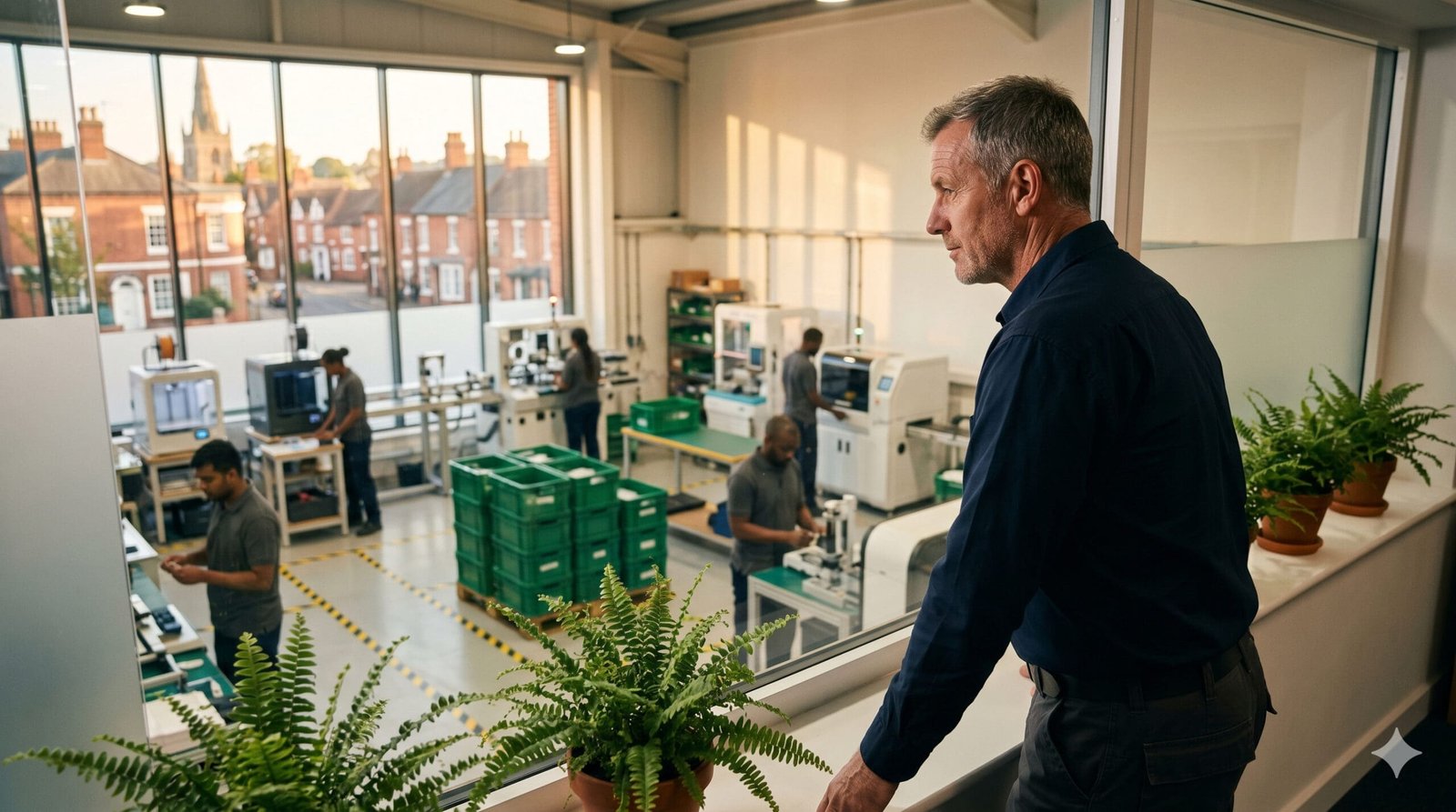 Local business owner in Rugby overlooking a busy workshop, symbolising the capacity trap and need for strategic capacity.