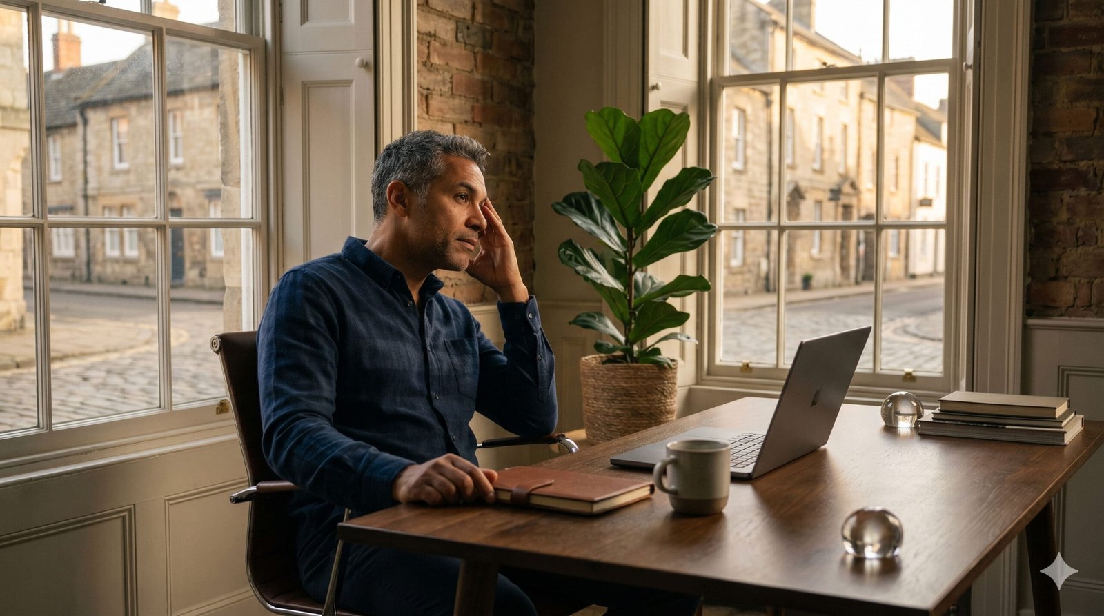 Stressed local business owner at a desk looking out a window, symbolising the capacity trap for Digital Rugby clients.