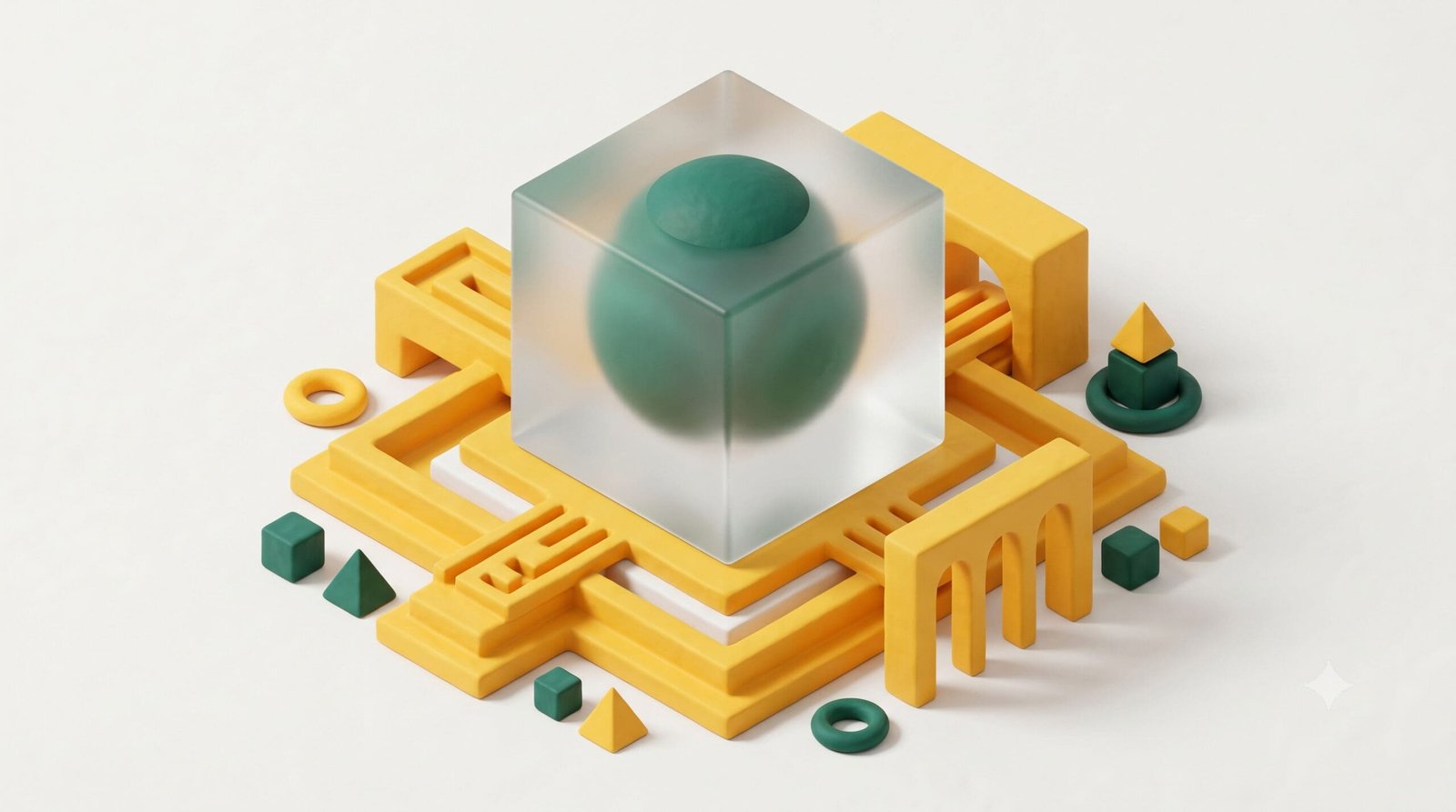 Green AI agent in a glass cube on a yellow modular platform representing Digital Rugby virtual staff infrastructure.