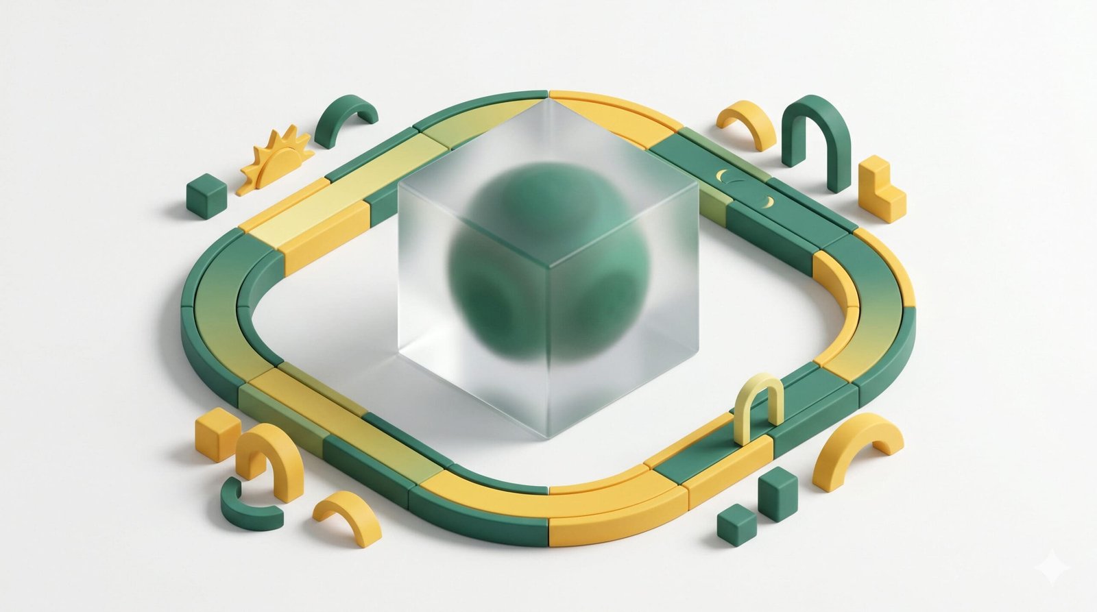Green AI agent core inside a glass cube surrounded by a modular green and yellow workflow track layout.
