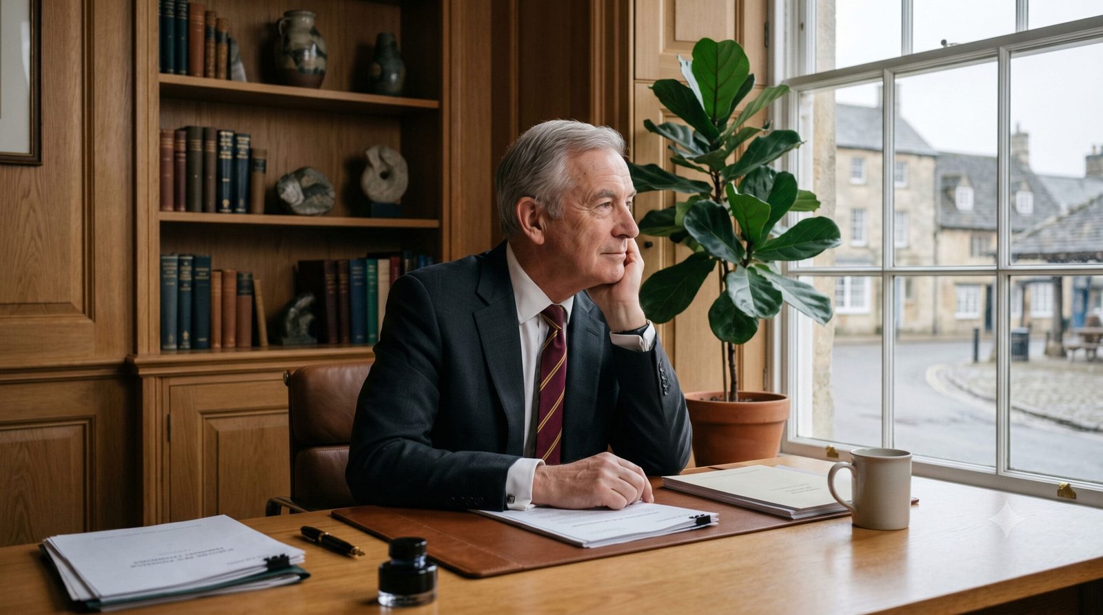 Thoughtful local business owner in a classic office looking out a window, facing the operational capacity trap.